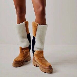 Free People Happy Thoughts Neutral Colorblock Shearling Boots Sz 38.5